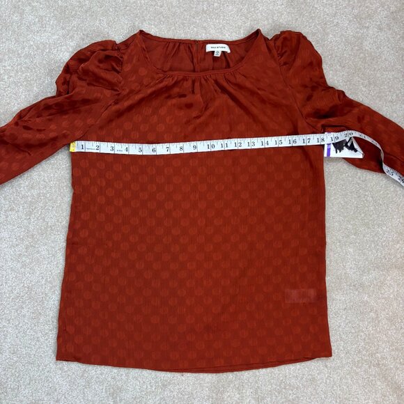 Max Studio‎ Ruched Long Sleeve Rust Polka Dot Silky Blouse Size XS New - Picture 6 of 7